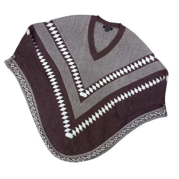 Trendsetter Geometric Knit Poncho Maroon White Boho Cozy Winter Small Medium - Picture 7 of 12
